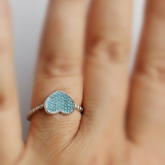 Sterling Silver Turquoise Gemstone Pave Ring Size 8 - Picture 4 of 5